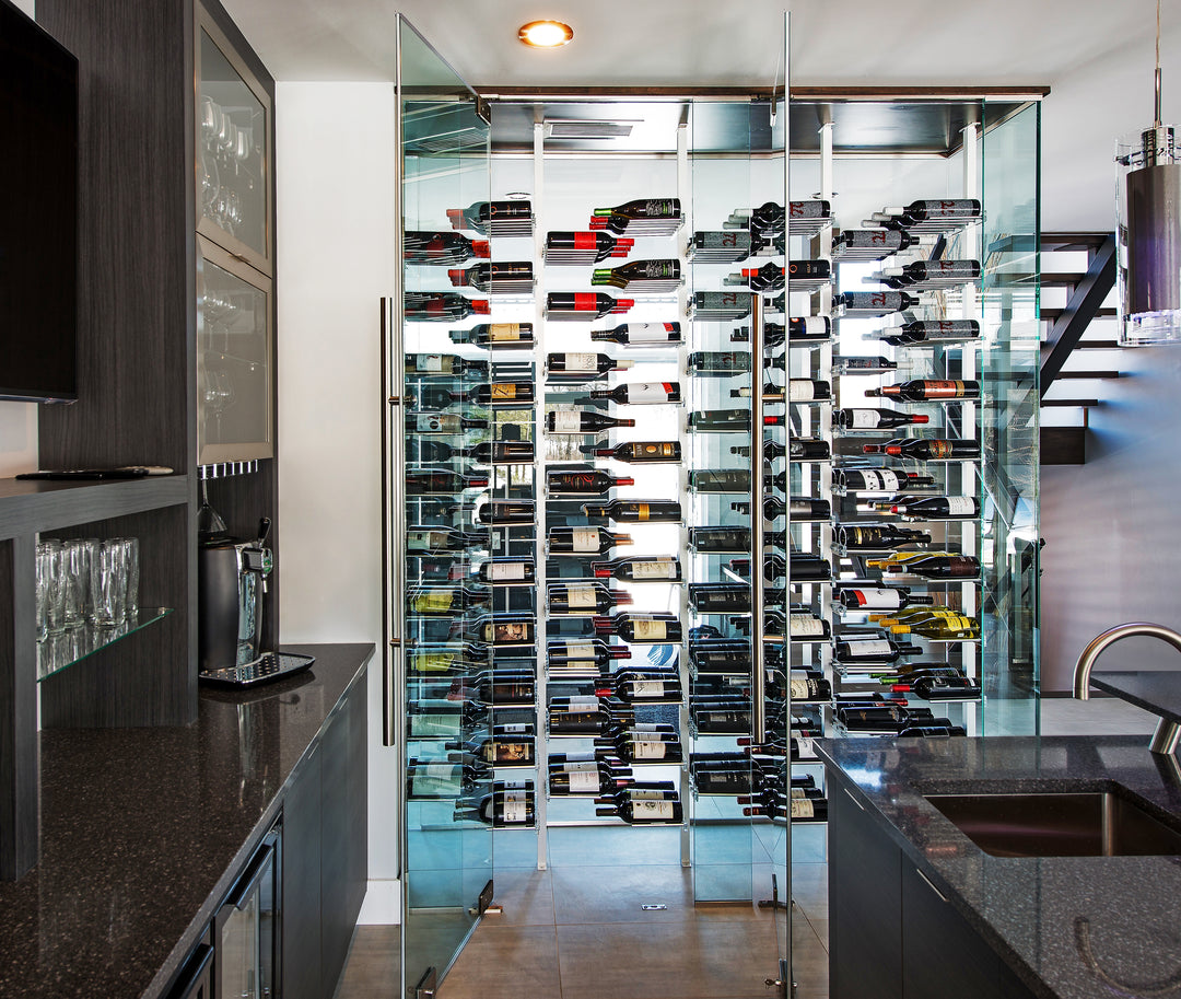 Floating wine bottle storage shelves by Millesime