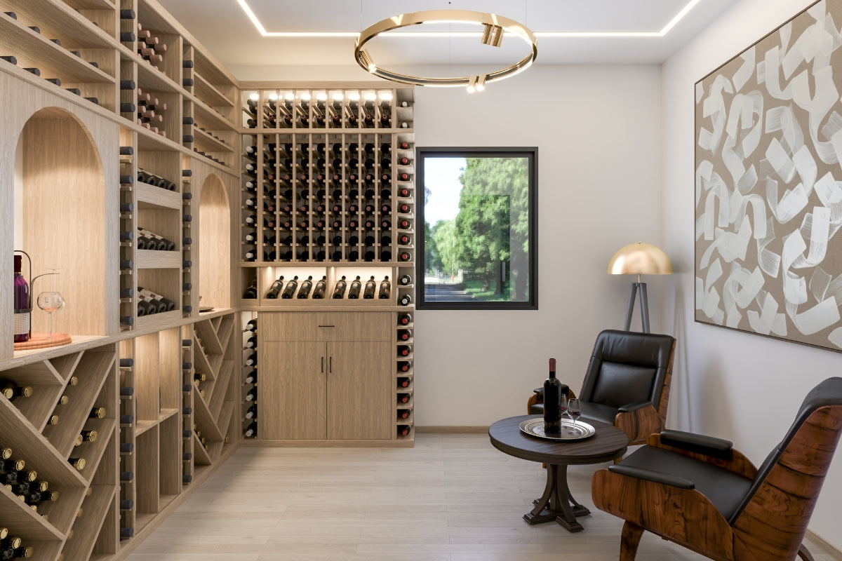 Residential wine cellar with display windows and storage cabinets by Millesime