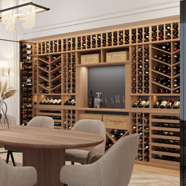 Dining room wood wine display with slide out wine drawers