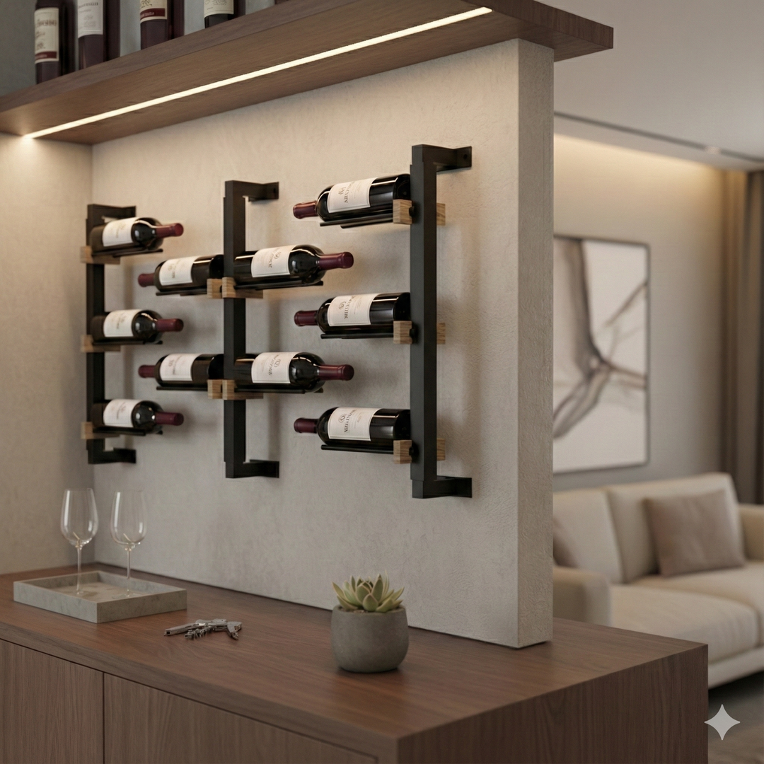 Wine rack with bottles on a wooden shelf in a modern living room setting.