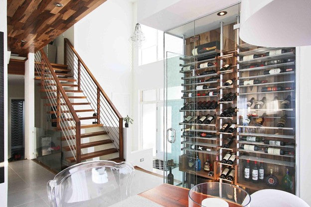 Glass-Enclosed Wine Rooms with Wood and Metal Wine Racks