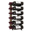 two row wooden and metal wine rack holding 12 bottles of wine on a white background