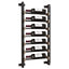Single row metal and wood wall wine rack with seven bottles of wine on a white background