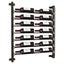 Single row and double column metal and wood wall wine rack with fourteen bottles of wine on a white background