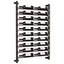 Single row and double column metal and wood wall wine rack with twenty bottles of wine on a white background