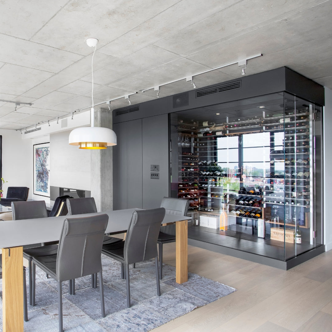 Millesime glass enclosed dining room wine cellar with display shelves and stemware hanging rack