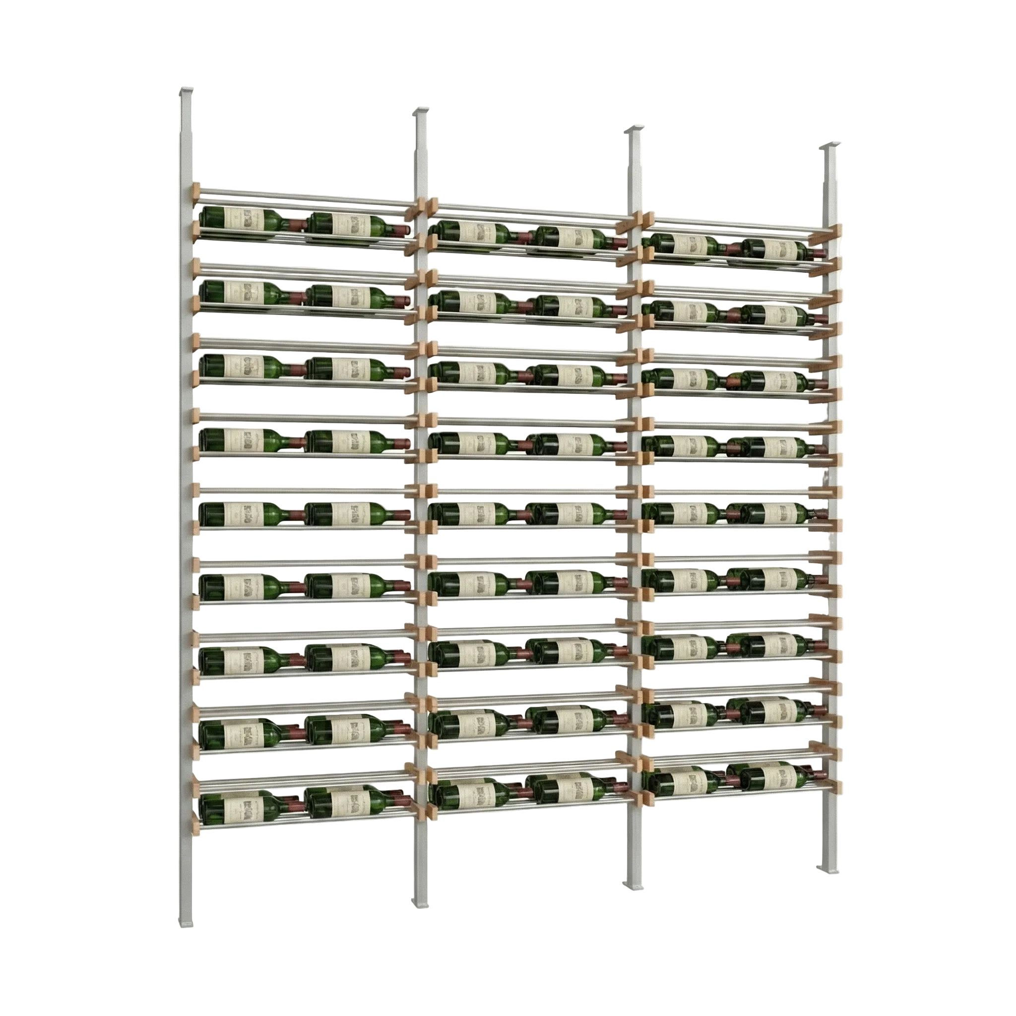 metal wall Wine rack holding multiple bottles of wine on a white background