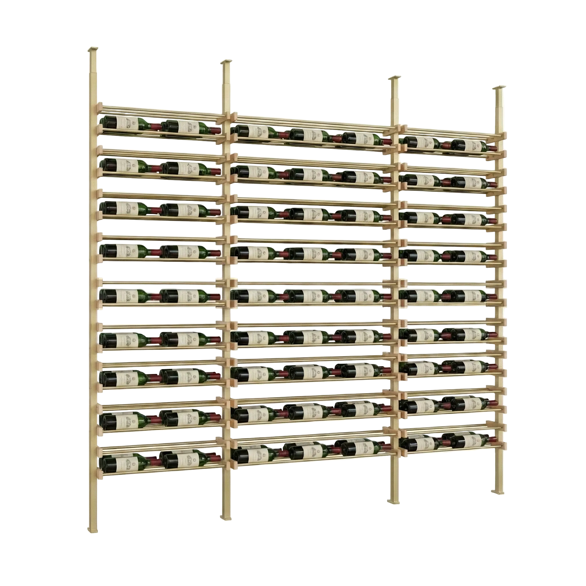 Metal wall Wooden wine rack holding multiple bottles of wine on a white background